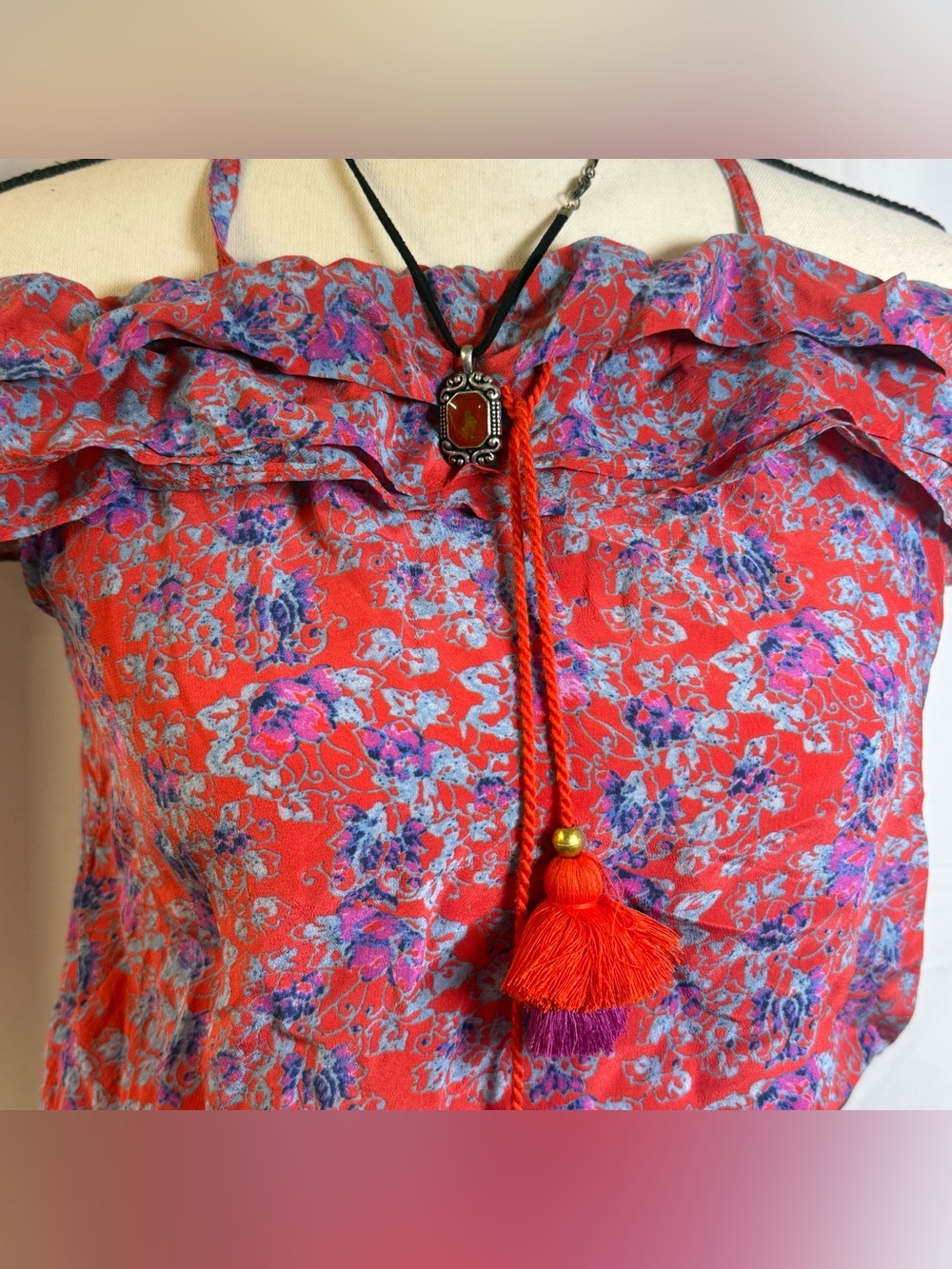FIGUE 100% Silk Floral Ruffled Tassel Tank Top Blouse Off Shoulder S XS Floral - Picture 3 of 7